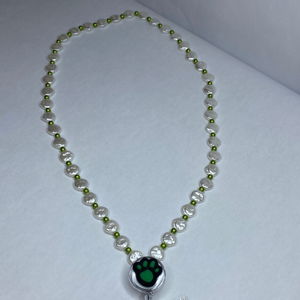 Green and Silver Paw Pendant Handmade Badge Holder Necklace - Picture 2 of 5